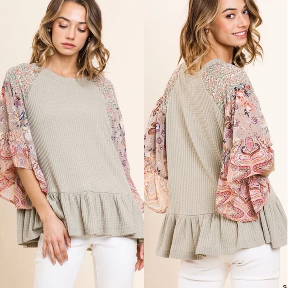 Umgee Women Waffle Knit Peplum Top XL Sage Green Floral Paisley Bell Sleeve Boho